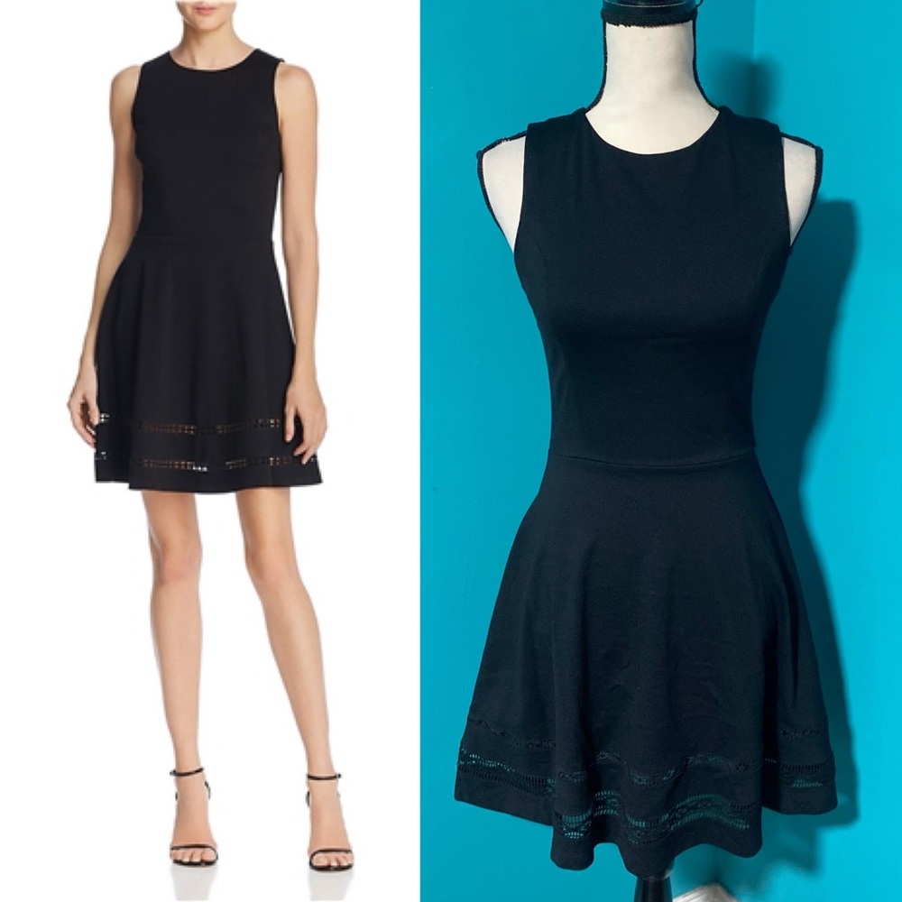 Aqua M Solid Black Sleeveless Fit And Flare Mini Dress Crochet Hem